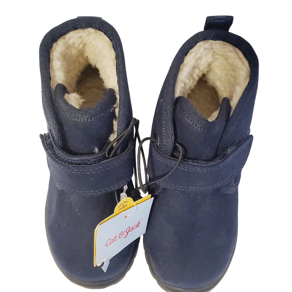 Cat & Jack‎ sz 7 Toddler Navy Blue Faux Fur Lined Boots Hook Loop Strap NWT